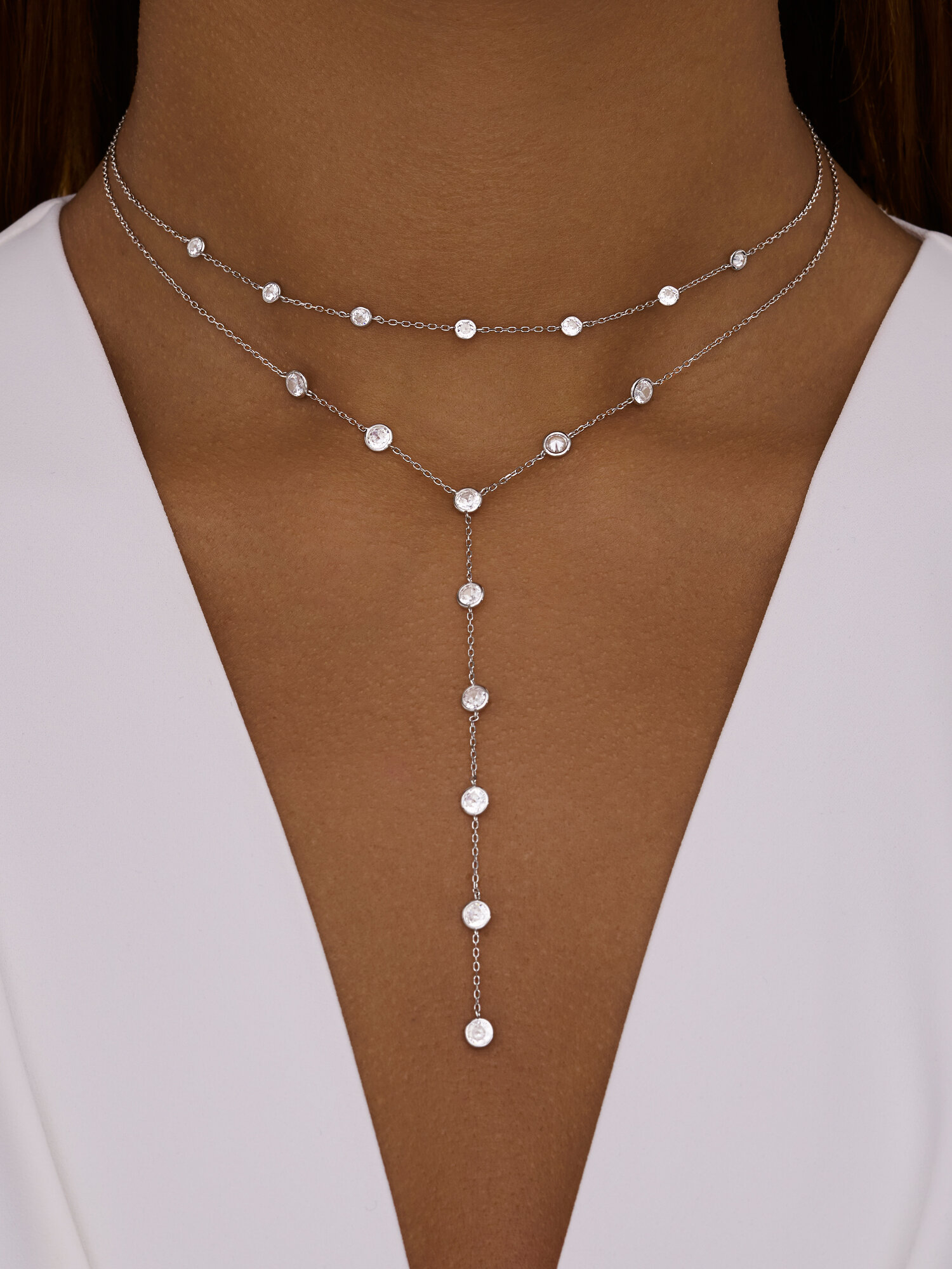 Колье MIESTILO галстук подвеска на шею женская длинное серебряная ювелирная, серебро, 925 проба, родирование, фианит