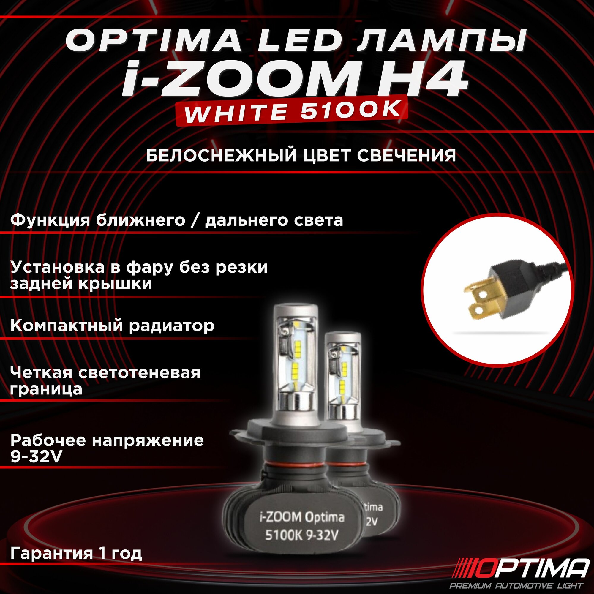 Светодиодные лампы Optima LED i-ZOOM H4 White комплект 2 шт.