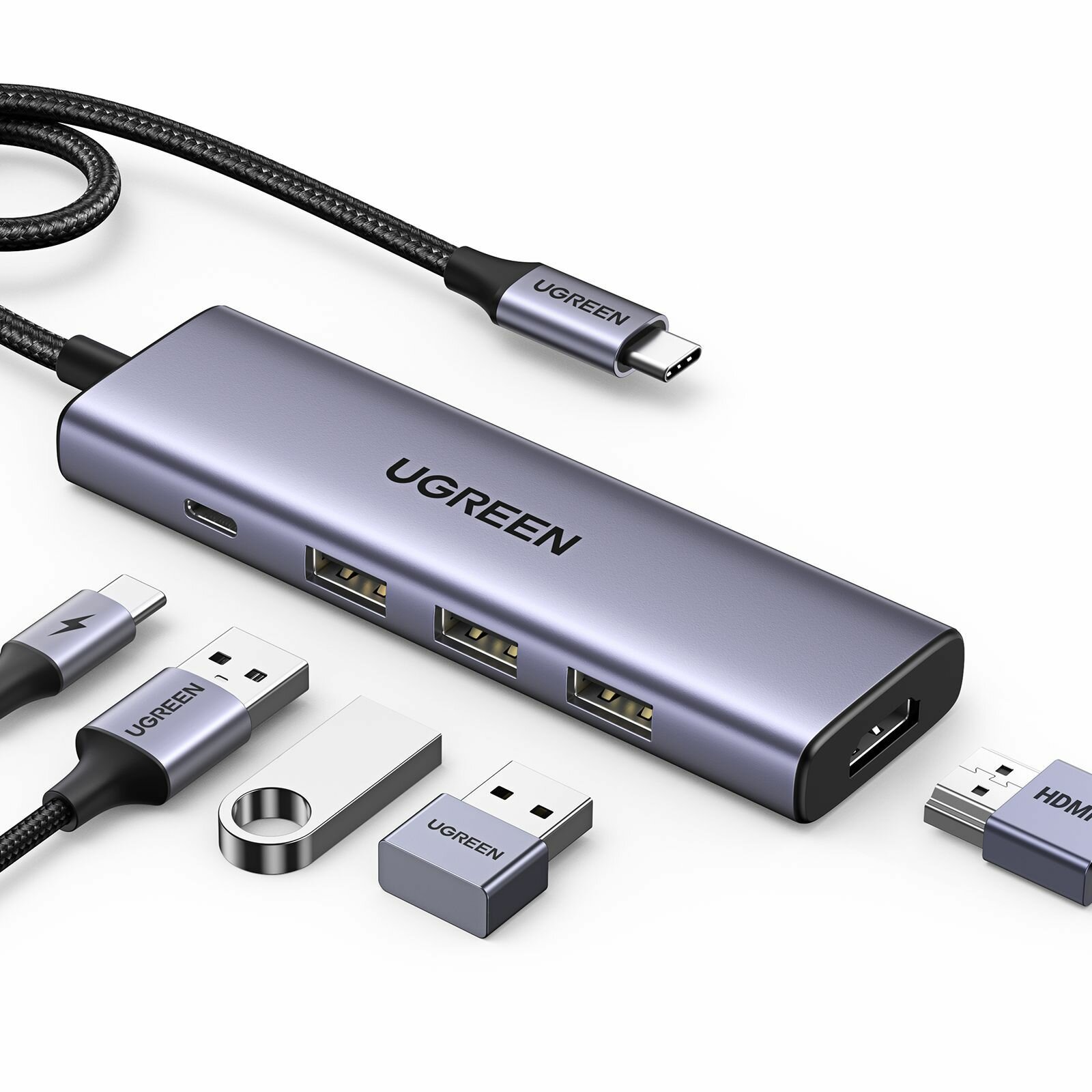 Конвертер UGREEN Power Converter CM511, HDMI + 3 USB 3.0 + Type-C + PD, серебристый, адаптер, сертифицированный товар