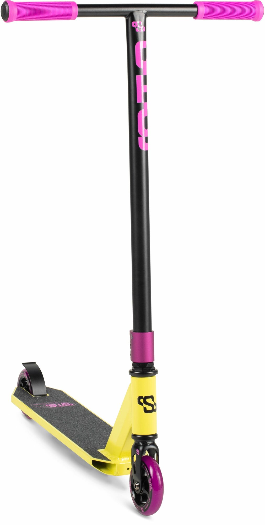 Самокат STS FRT (2025) желто-фиолетовый, трюковой детский для мальчиков с ножным тормозом