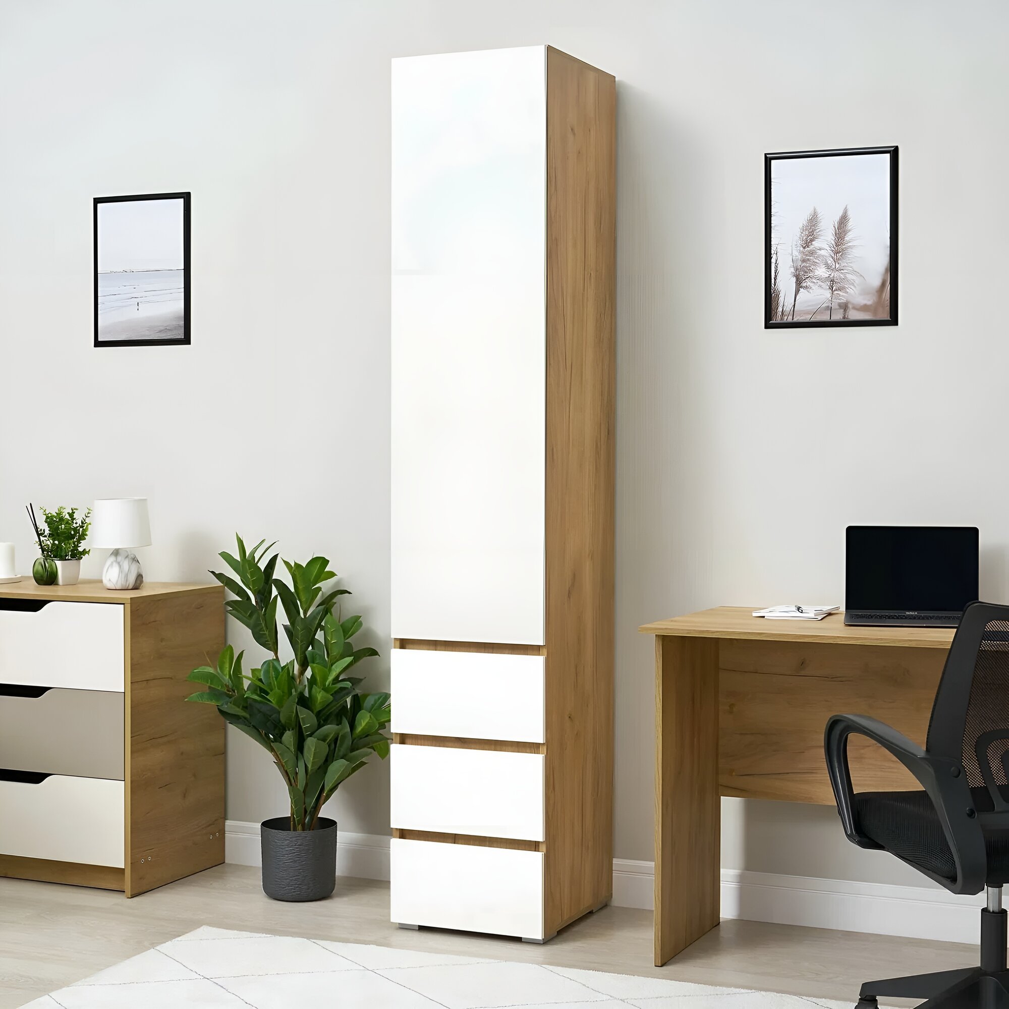 Пенал закрытый 40*210*46 см с ящиками с полками ЛДСП цвет- белый/дуб крафт золотой Хелен ПН 03