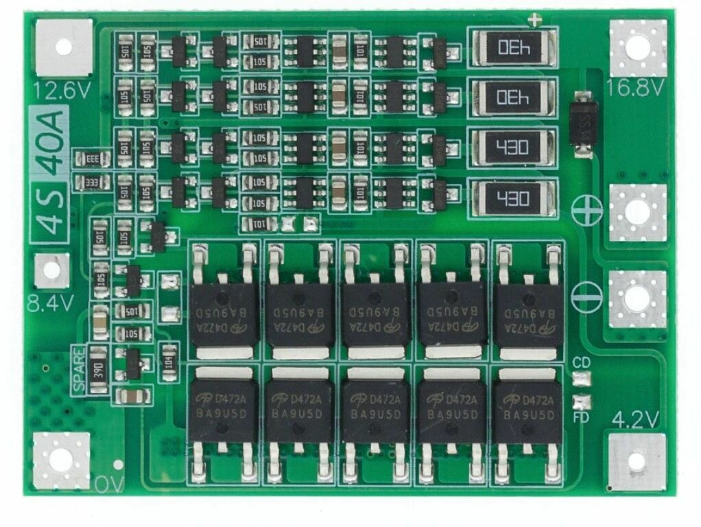 BMS 4S 40A плата защиты, 16.8В, для сборок аккумуляторов шуруповёртов c балансировкой — фото 1