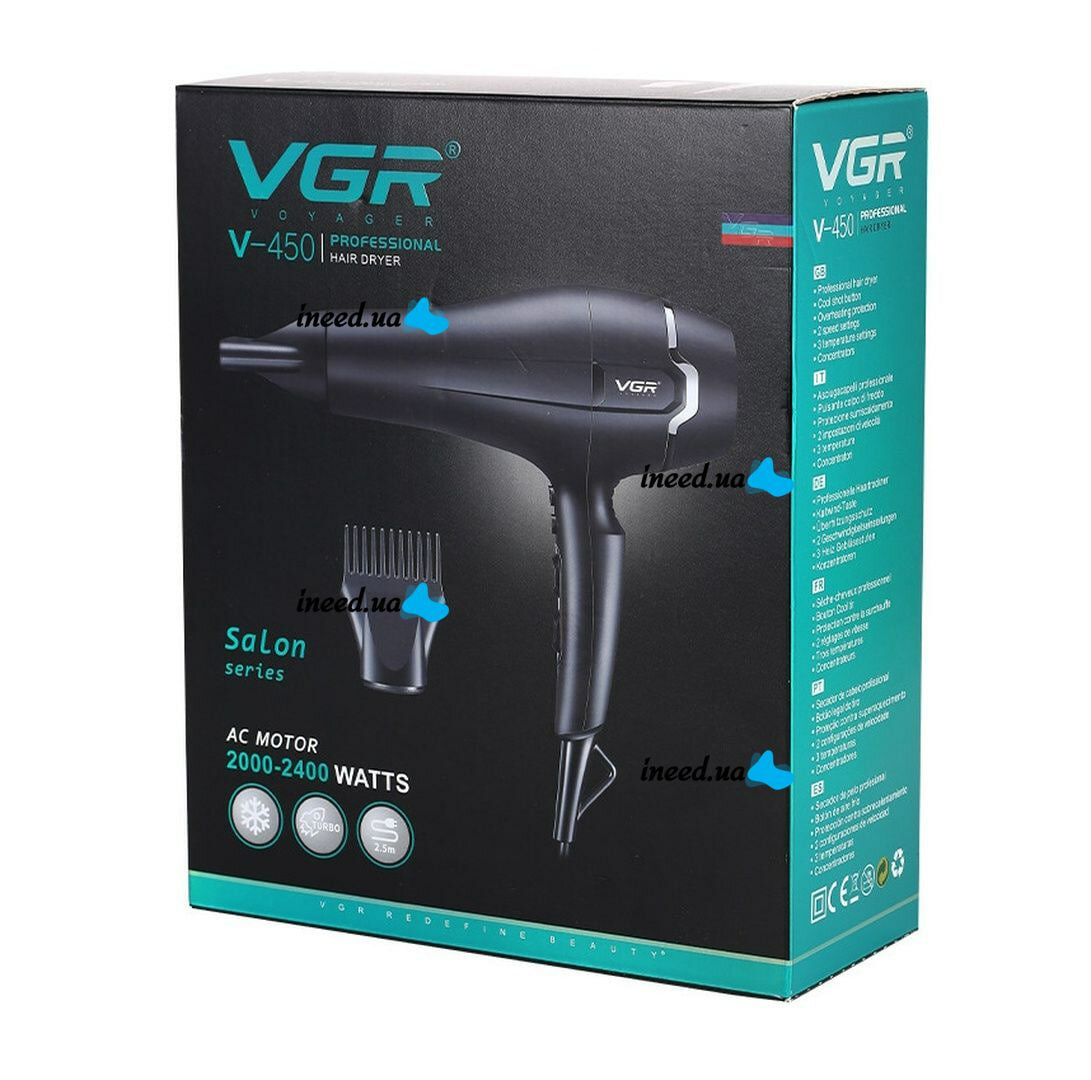 Фен VGR V-450, мощность 2000 Вт, 3 режима температуры, 2 скорости