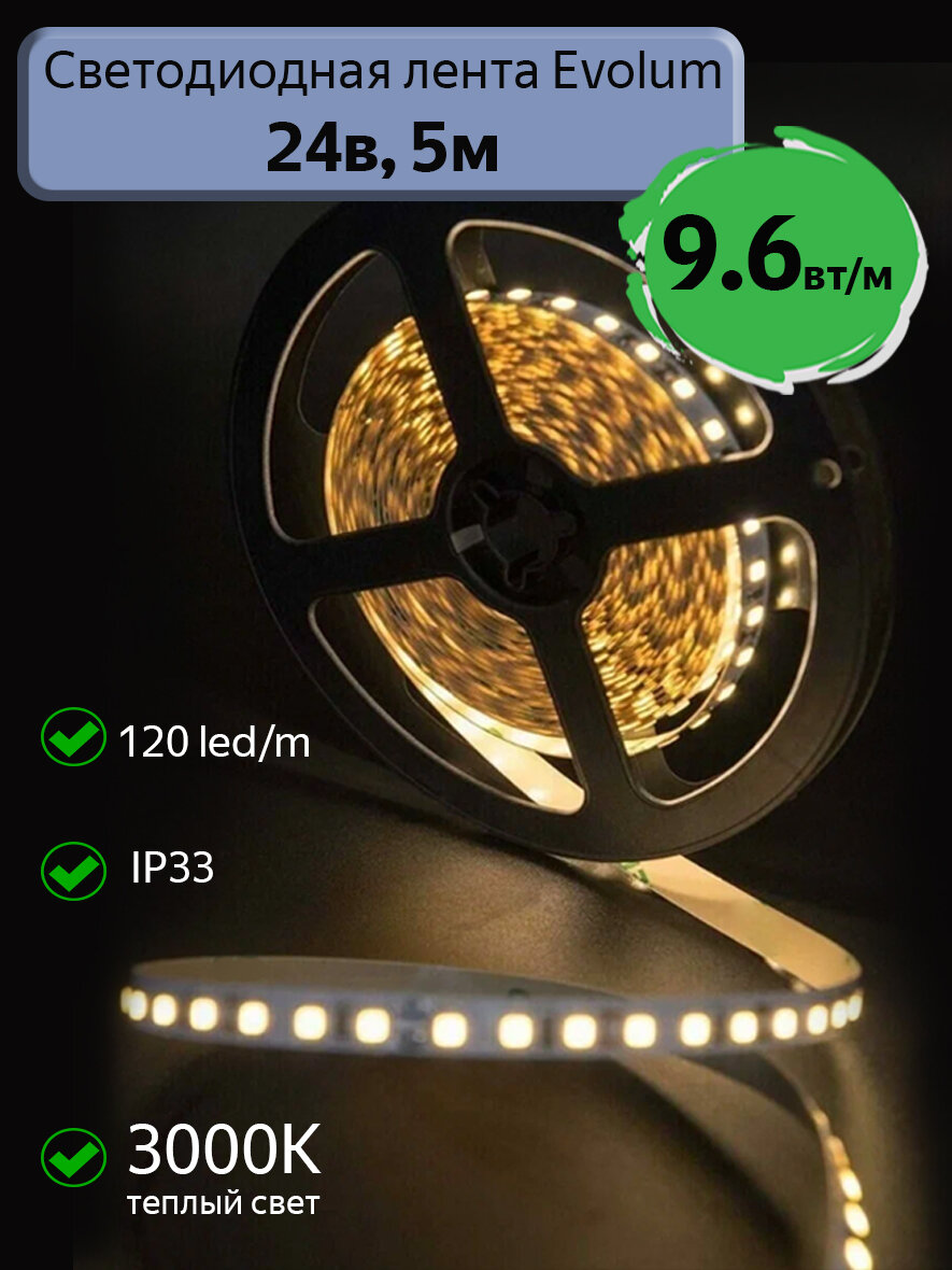 Светодиодная лента Evolum  24В  9 6Вт м  3000К теплый свет  120 led m  IP33  5м