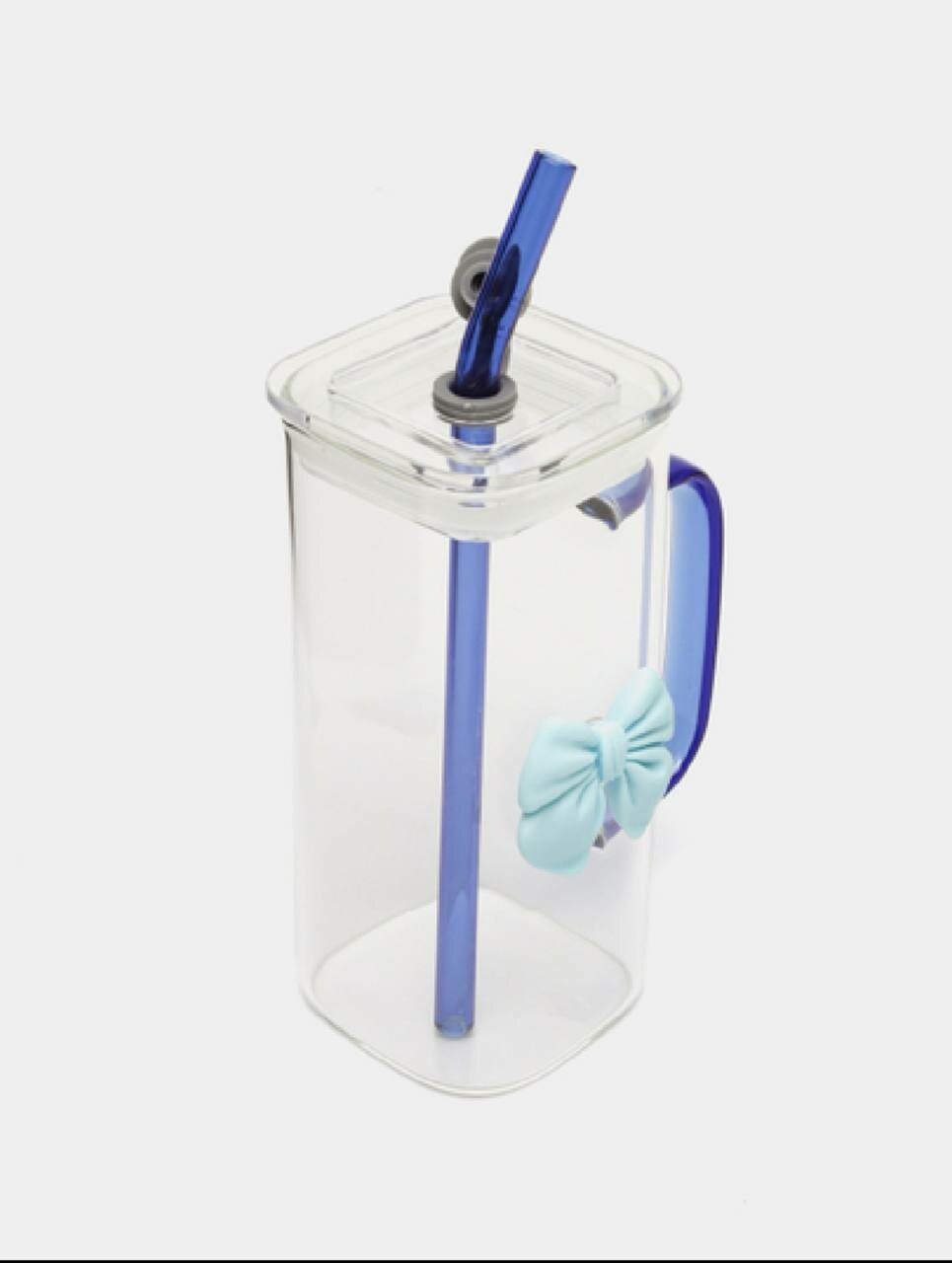 Стакан с трубочкой и бантиком Ribbon многоразовая стеклянная трубочка. синяя