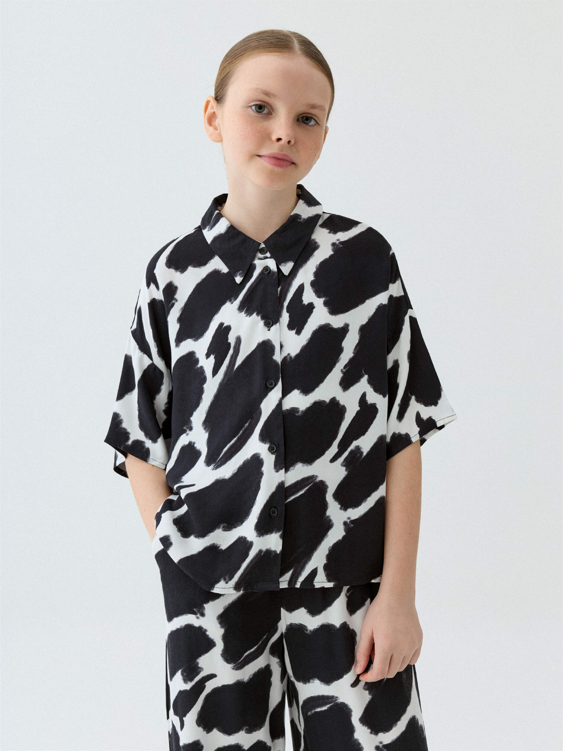 Блуза Sela, размер 140, черно-белый принт — фото 1