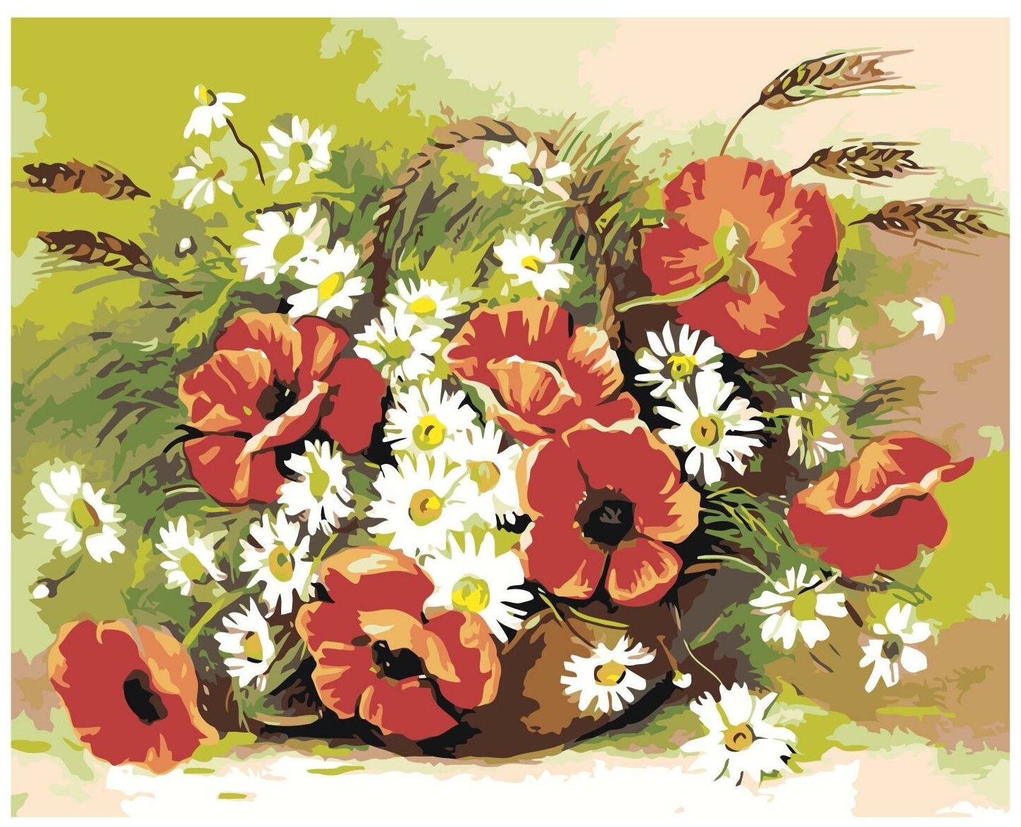Картина по номерам, "Живопись по номерам", 40 x 50, F09, маки, ромашки, букет, полевые цветы, природа, корзинка, трава