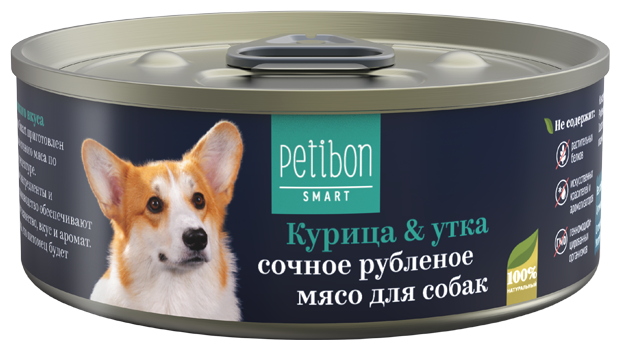 Корм консервированный для собак Petibon Smart, 100 г, рубленое мясо с курицей и уткой, 1 шт