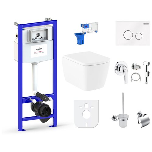 фото Комплект 10 в 1 lavinia boho aveo rimless 98010191, безободковый унитаз, сиденье микролифт, инсталляция, крепление, клавиша смыва, шумоизоляция, диспенсер, смеситель с гигиеническим душем, ершик, держатель туалетной бумаги