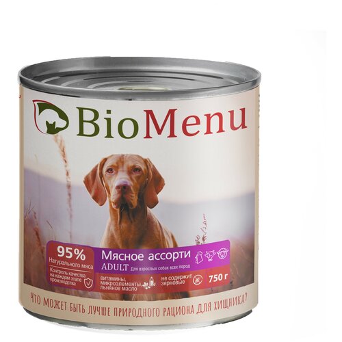 Влажный корм для собак BioMenu ADULT Консервы мясные тушеные для взрослых собак всех пород мясное ассорти 750г.