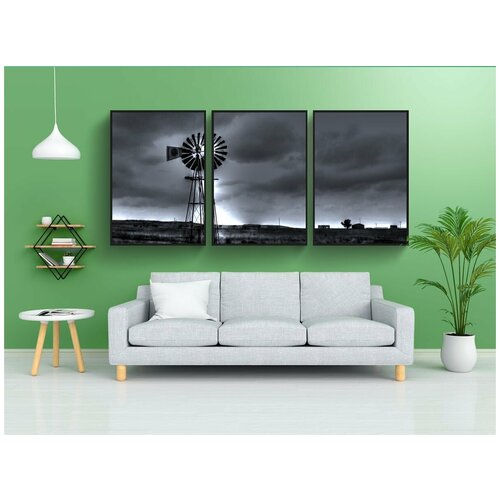 фото Набор модулных постеров для интерьера "черно-белый пейзаж, мельница, страна" 60x90 см. в тубусе, без рамки lotsprints