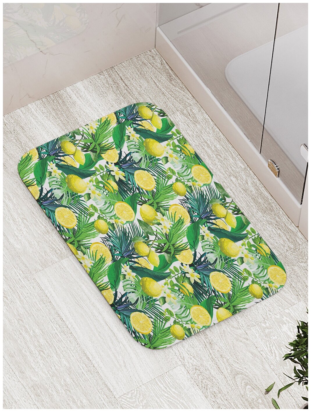 Коврик JoyArty противоскользящий "Лимоны и тропики" для ванной, сауны, бассейна, 77х52 см