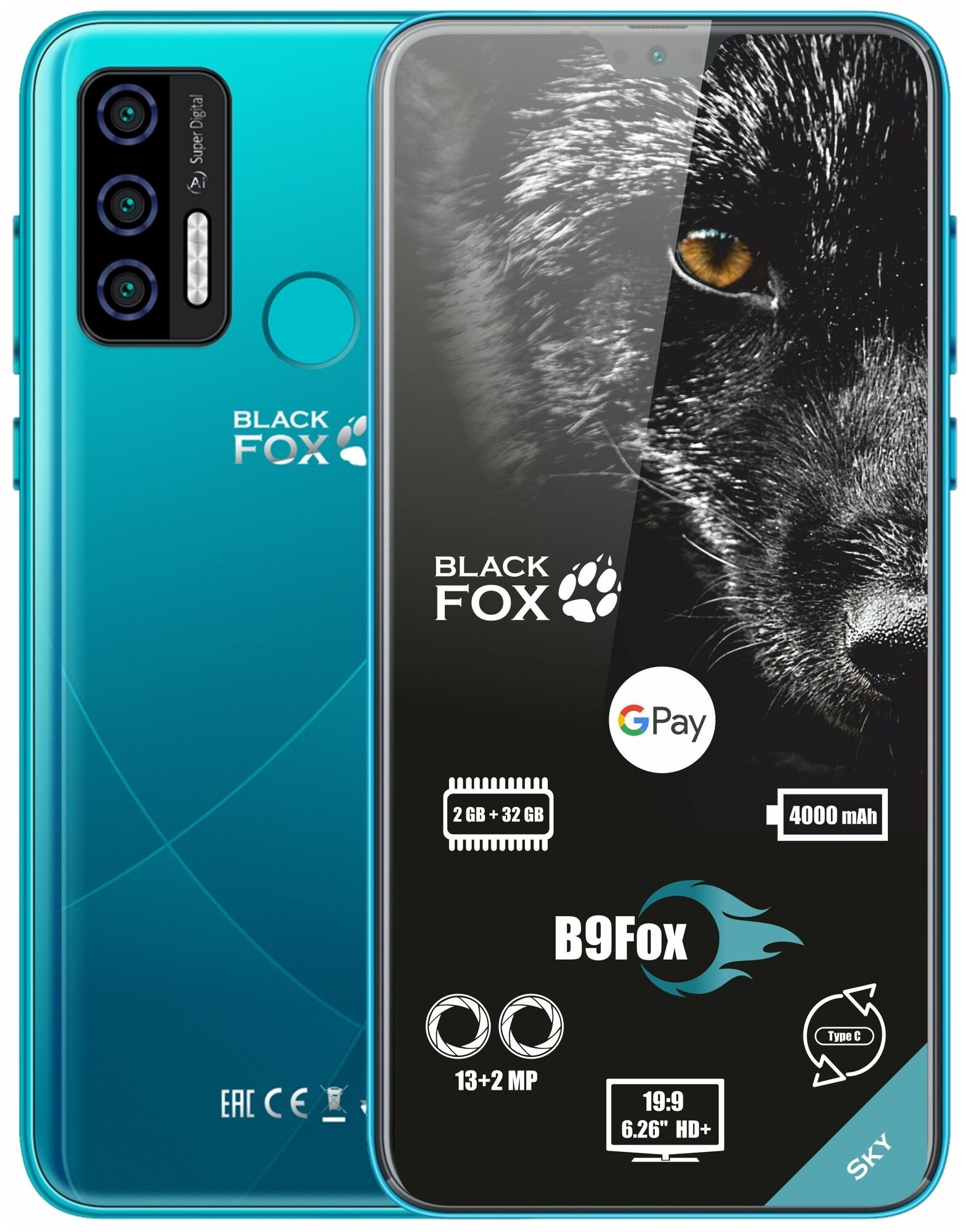 Смартфон Black Fox B9Fox 2/32 ГБ, Dual nano SIM, бирюзовый