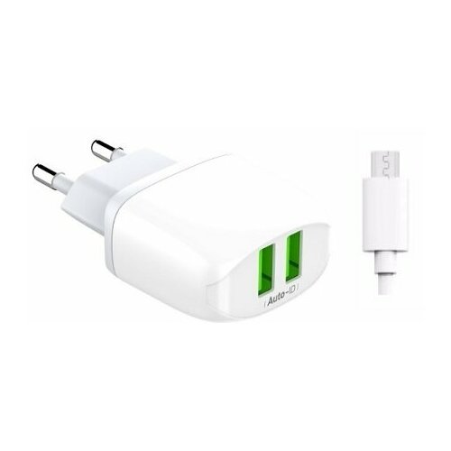 Сетевое зарядное устройство LDNIO A2219 Fast Wall Charger 2.4A, 2USB + кабель USB - Micro USB (white)