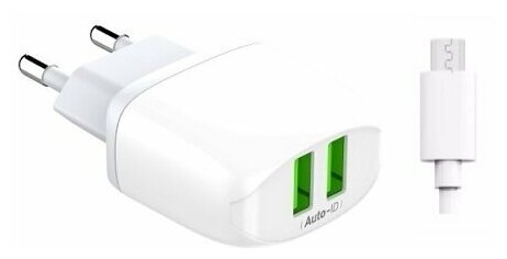 Сетевое зарядное устройство LDNIO A2219 Fast Wall Charger 2.4A, 2USB + кабель USB - Micro USB (white)