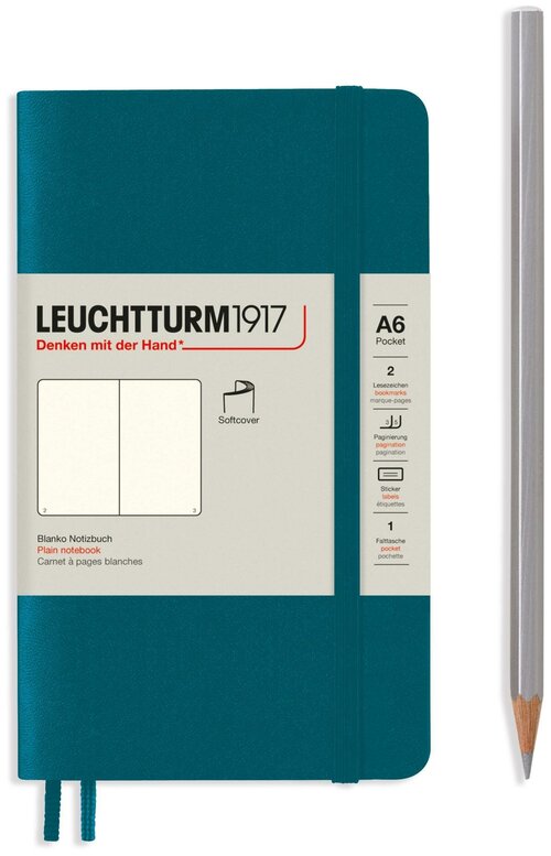 Записная книжка нелинованная Leuchtturm Pocket A6 123 стр, мягкая обложка тихоокеанский зеленый