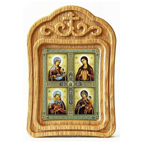 Четырехчастная икона Божией Матери Материнство, икона в резной деревянной рамке четырехчастная икона божией матери материнство икона в резной деревянной рамке
