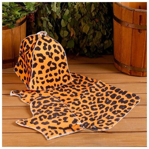 фото Sima land набор банный "леопард" с термомепатью ( шапка, коврик, рукавица) сима-ленд