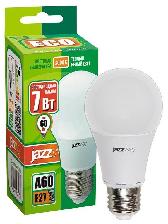Лампа светодиодная PLED- ECO- A60 7w E27 3000K 220V/50Hz Jazzway груша, 2 шт