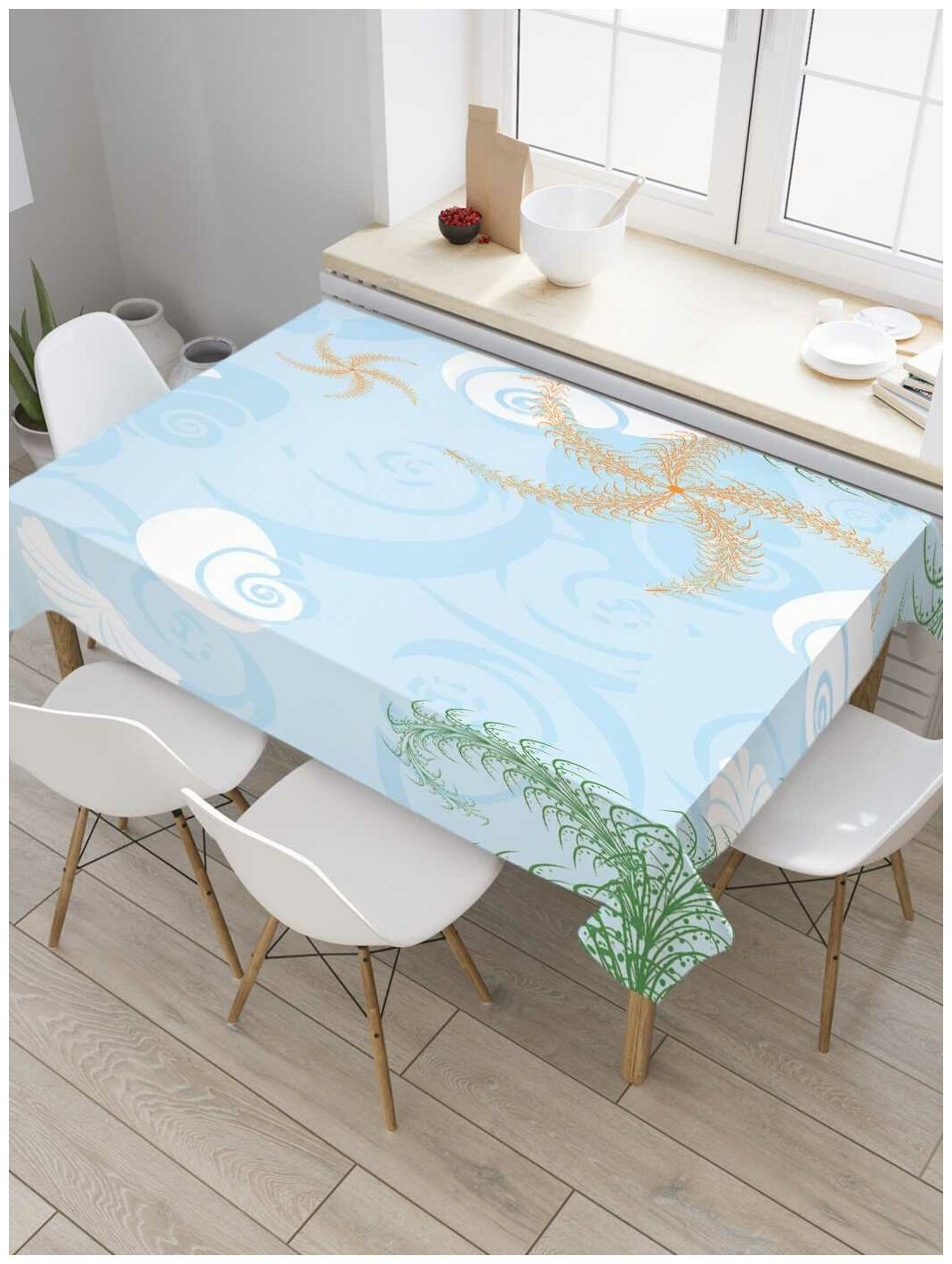 Скатерть прямоугольная JoyArty на кухонный стол "Небесные ракушки" из оксфорда, 180x145 см