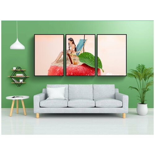 фото Набор модулных постеров для интерьера "женщины на яблоко, яблоко, летом" 60x90 см. в тубусе, без рамки lotsprints