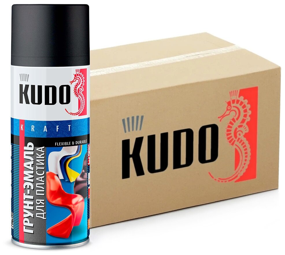 Краска-грунт для пластика KUDO, черный, аэрозоль, 520мл, комплект 12 шт.