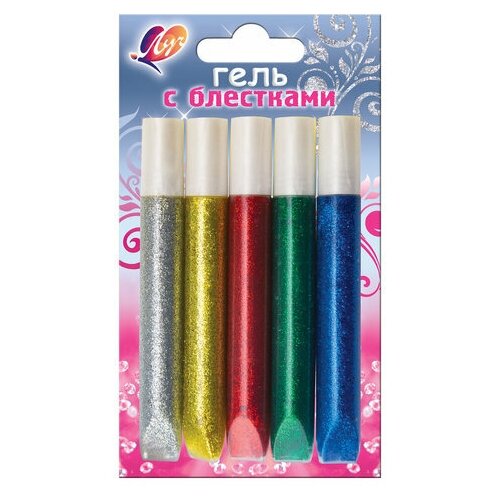 фото Луч гели луч, набор 5 цветов, "блеск", с блестками, туба 10 мл (синий, красный, зеленый, сереб., золот.), 18с1195-08