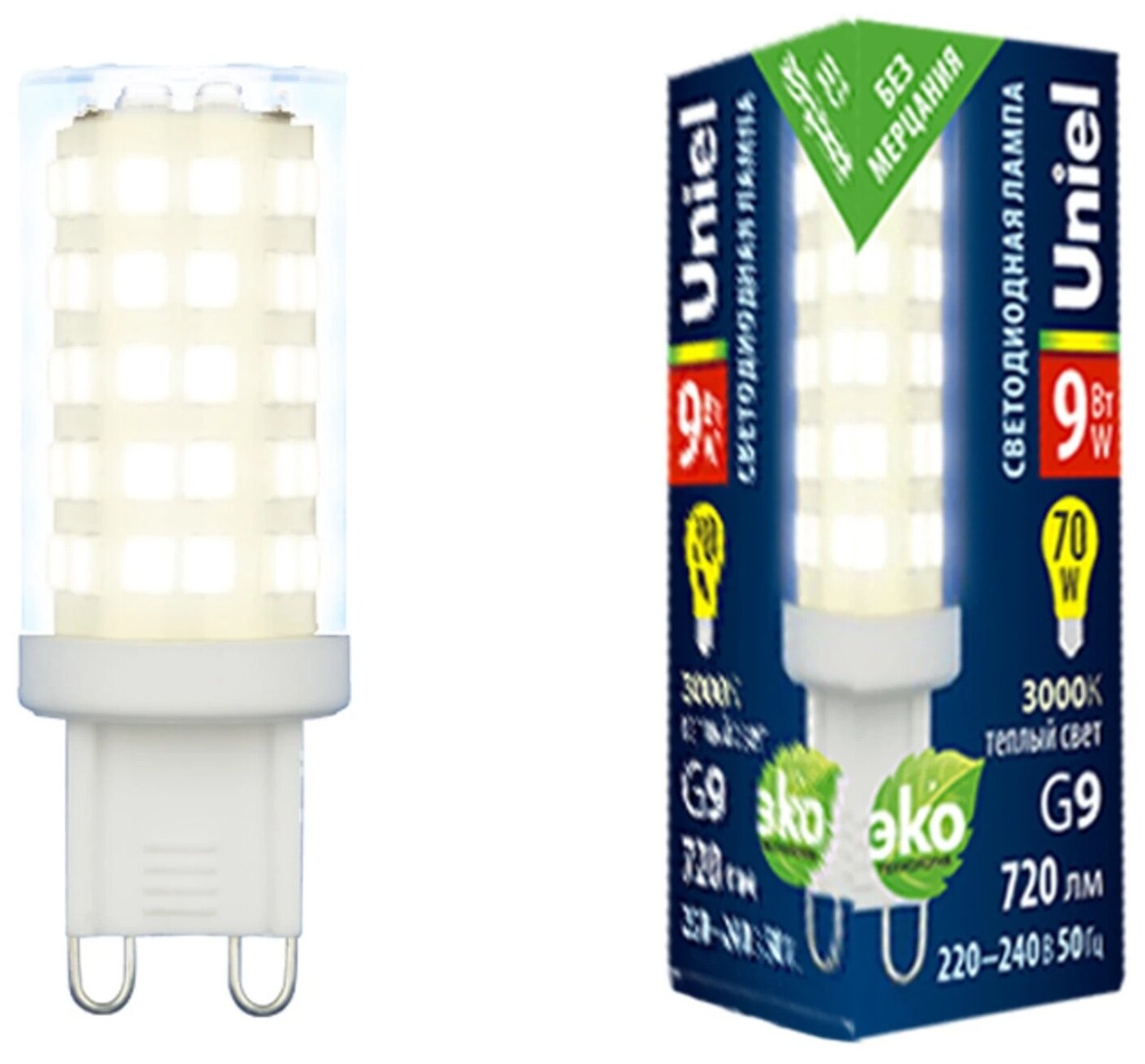 Светодиодная лампа Uniel LED-JCD-9W/3000K/G9/CL GLZ09TR