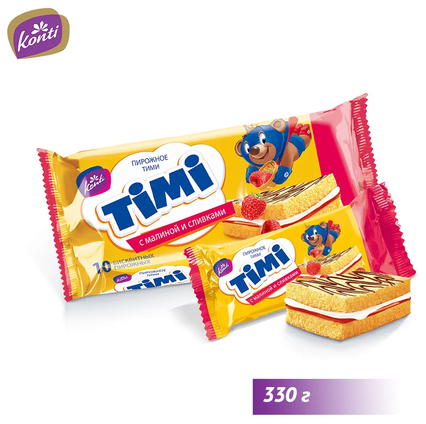 Пирожное бисквитное "Timi" с малиной и сливками 330 гр