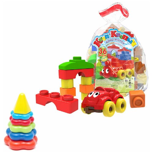 Развивающие игрушки для малышей набор Пирамидка детская малая + Конструктор Кноп-Кнопыч 36 дет.