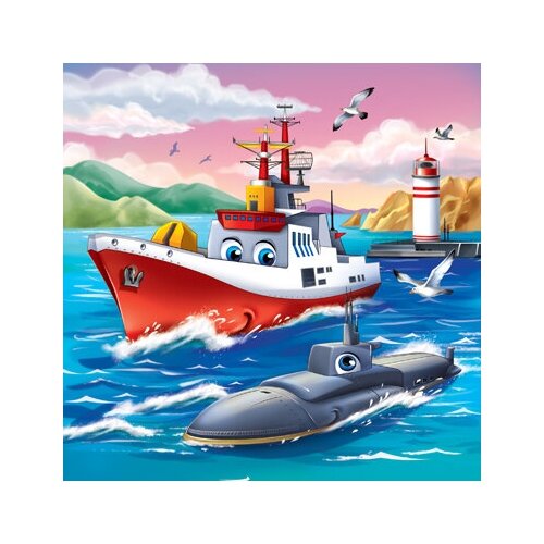 фото Холст с красками 20х20 см по номерам (в коробке). (14цв) корабль и подводная лодка (арт. хк-4056) рыжий кот