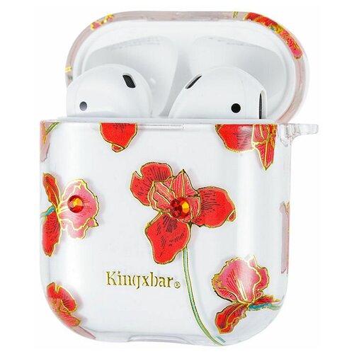 чехол пластиковый kingxbar для airpods 2 29 прозрачный розовые блестки со шнурком Чехол пластиковый Kingxbar со шнурком для Airpods 2, прозрачный, розы (19)