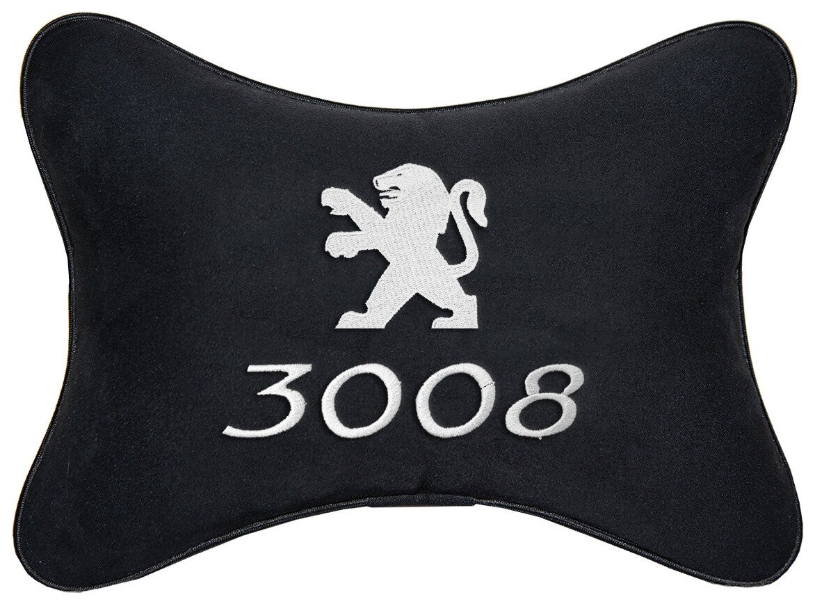 Автомобильная подушка на подголовник алькантара Black c логотипом автомобиля PEUGEOT 3008