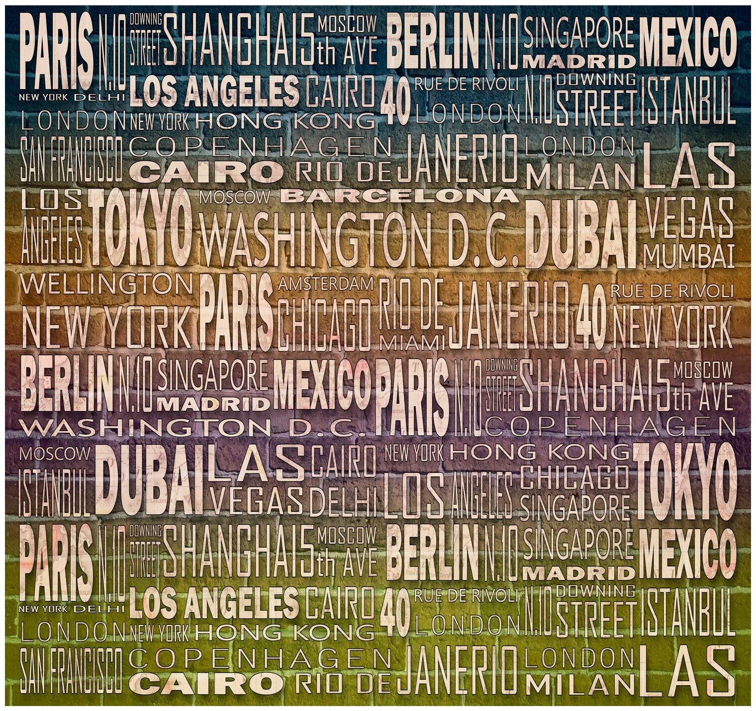Фотообои URBAN Design Кирпичная стена с названиями городов, 300 x 270 см
