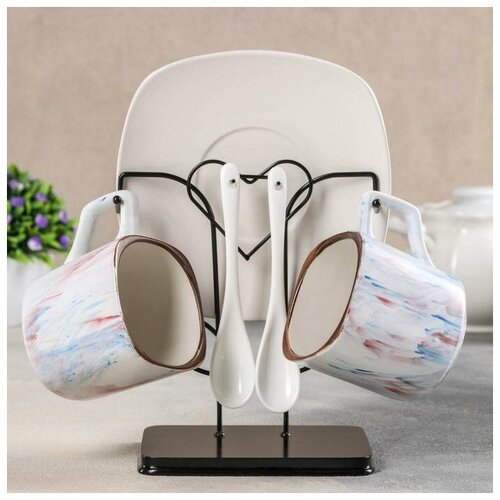 фото Набор чайный на металл подставке 6 пред "мрамор"" 2 чашки 200 мл. 2 блюдца 14.7 см. 2 ложки 517903 сима-ленд