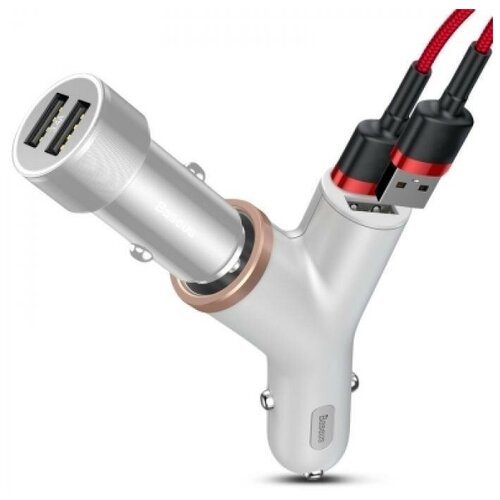 фото Автомобильное зарядное устройство baseus y-shape dual usb car charger with cigarette extended port white