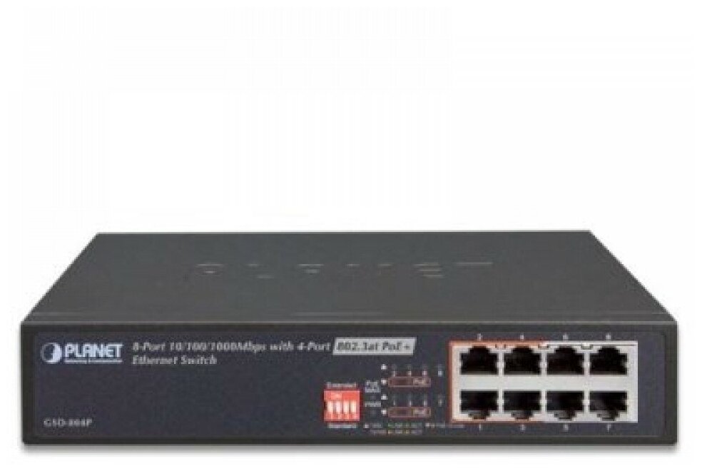 Неуправляемый PoE коммутатор GSD-804P 10" 8-Port 10/100/1000 Gigabit Ethernet Switch with 4-Port 802.3at PoE+ Injector (60W PoE Budget, 200m Extend mode and fanless)