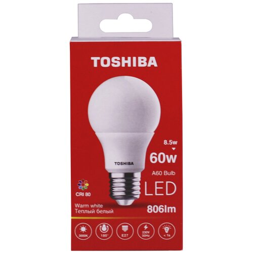 фото Лампа светодиодная toshiba a60 bulb 60w 3000k cri 80 nd (8,5w 806 lm e27 180°)