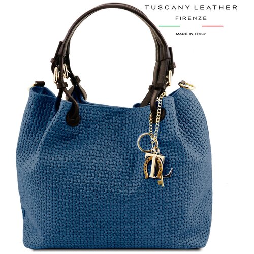 фото Женская кожаная сумка-шоппер tl keyluck с плетеным теснением, италия, tuscany leather, цвет тёмно-синий tuscany leather, italy