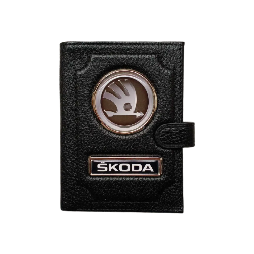 Обложка для автодокументов и паспорта Skoda (шкода) кожаная флотер 4 в 1