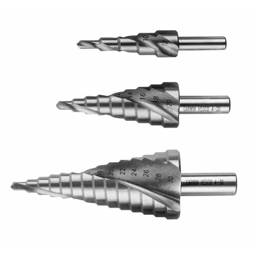 Набор ступенчатых сверл 4-12,4-20,4-30 мм, HSS-Co5, со спир. кан, GARWIN INDUSTRIAL 102580-4-12*4-30