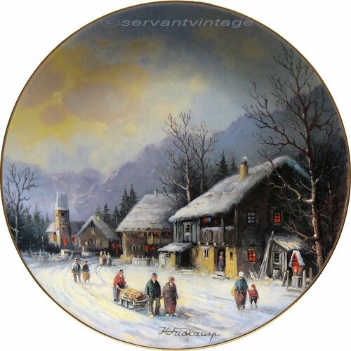 Вечернее настроение в деревне, винтажная декоративная настенная тарелка из коллекции "Рождественские ландшафты"