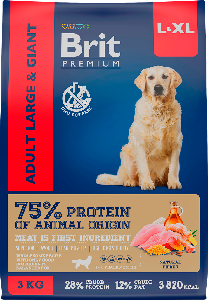 Корм сухой для взрослых собак BRIT Premium Adult L для крупных пород, 3кг