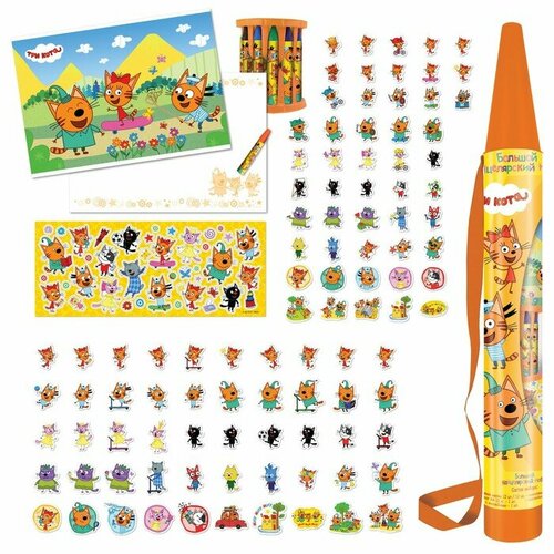 Набор для рисования 114 предметов в пластиковом тубусе Три Кота восковые карандаши 12 цветов наклейки блокнот 1510₽
