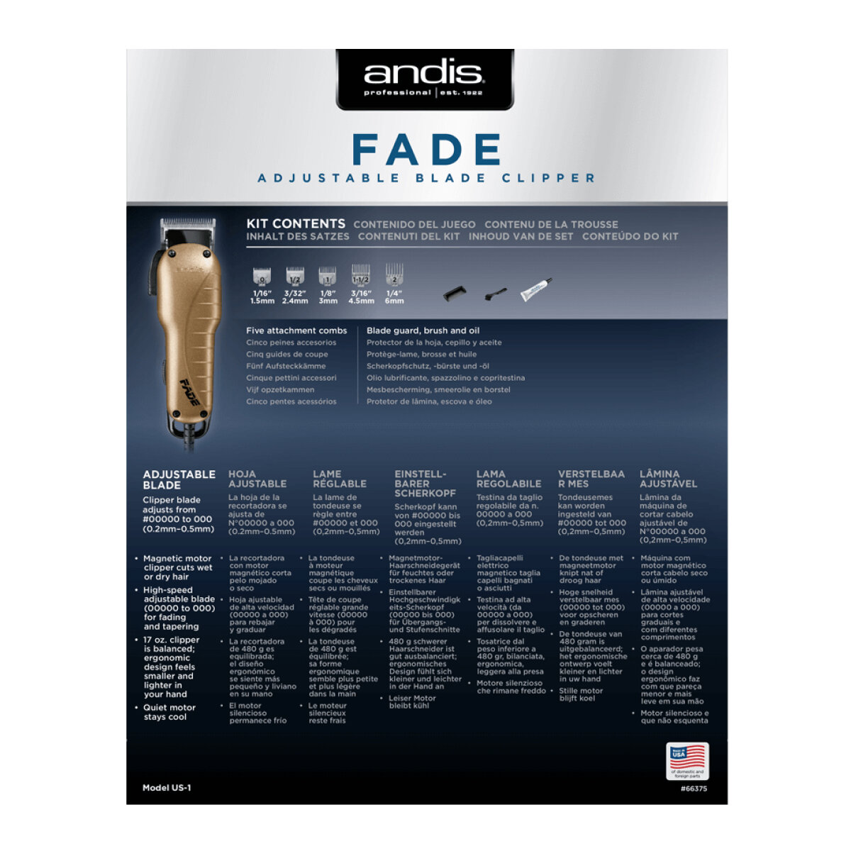 Триммер ANDIS US-1 Fade Adjustable Blade Clipper, позолоченный металлик [66375] - фото №14