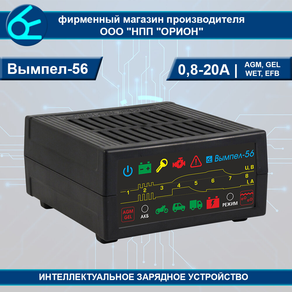 Зарядное устройство Вымпел-56 (14.1/14.8/20А, автомат, для AGM, EFB, GEL, WET Ag (серебряные), WET Сa/Ca (кальциевые))