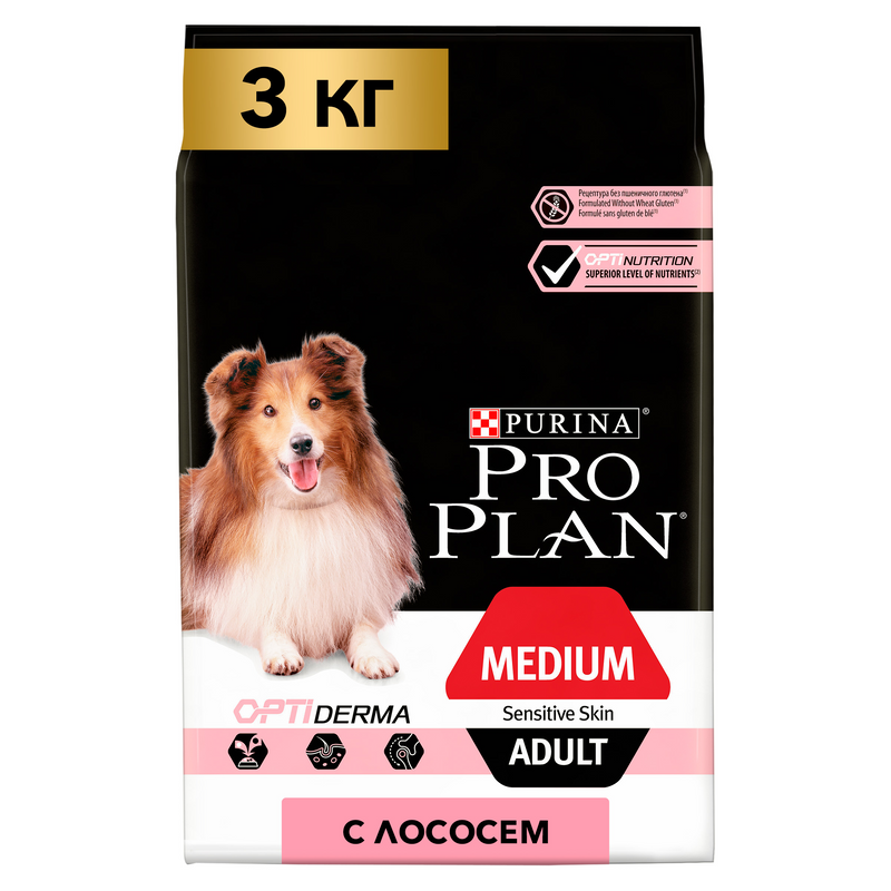 Сухой корм Pro Plan для взрослых собак средних пород с чувствительной кожей с высоким содержанием лосося 3 кг