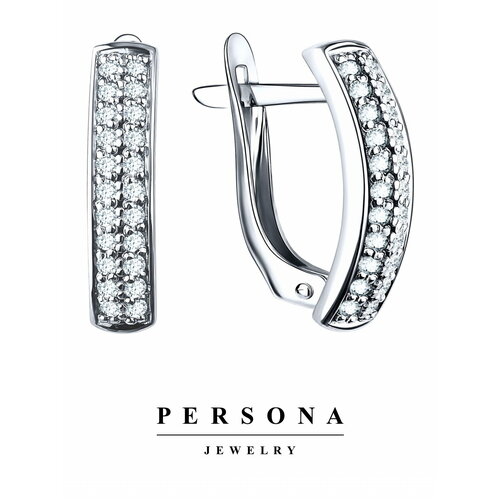 Серьги ПЕРСОНА, серебро, 925 проба, родирование, фианит, размер 16 мм, длина 1.6 см, серебряный