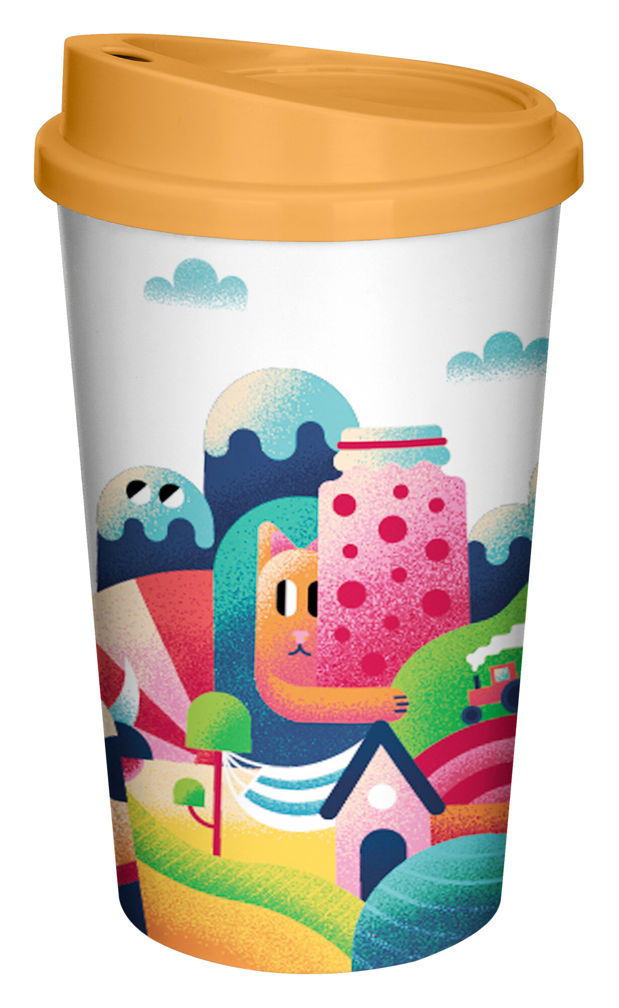 фото Стакан для горячих и холодных напитков с крышкой и декором Гуси 400 мл (Серый)