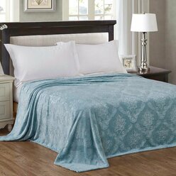 Плед 180х200 2-спальный Cleo Parma голубой, покрывало на кровать и диван пушистое с рисунком, велсофт